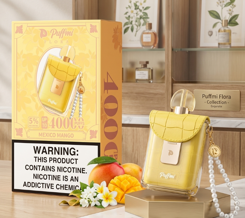 Yellow perfume bottle with packaging and warning label on a wooden surface