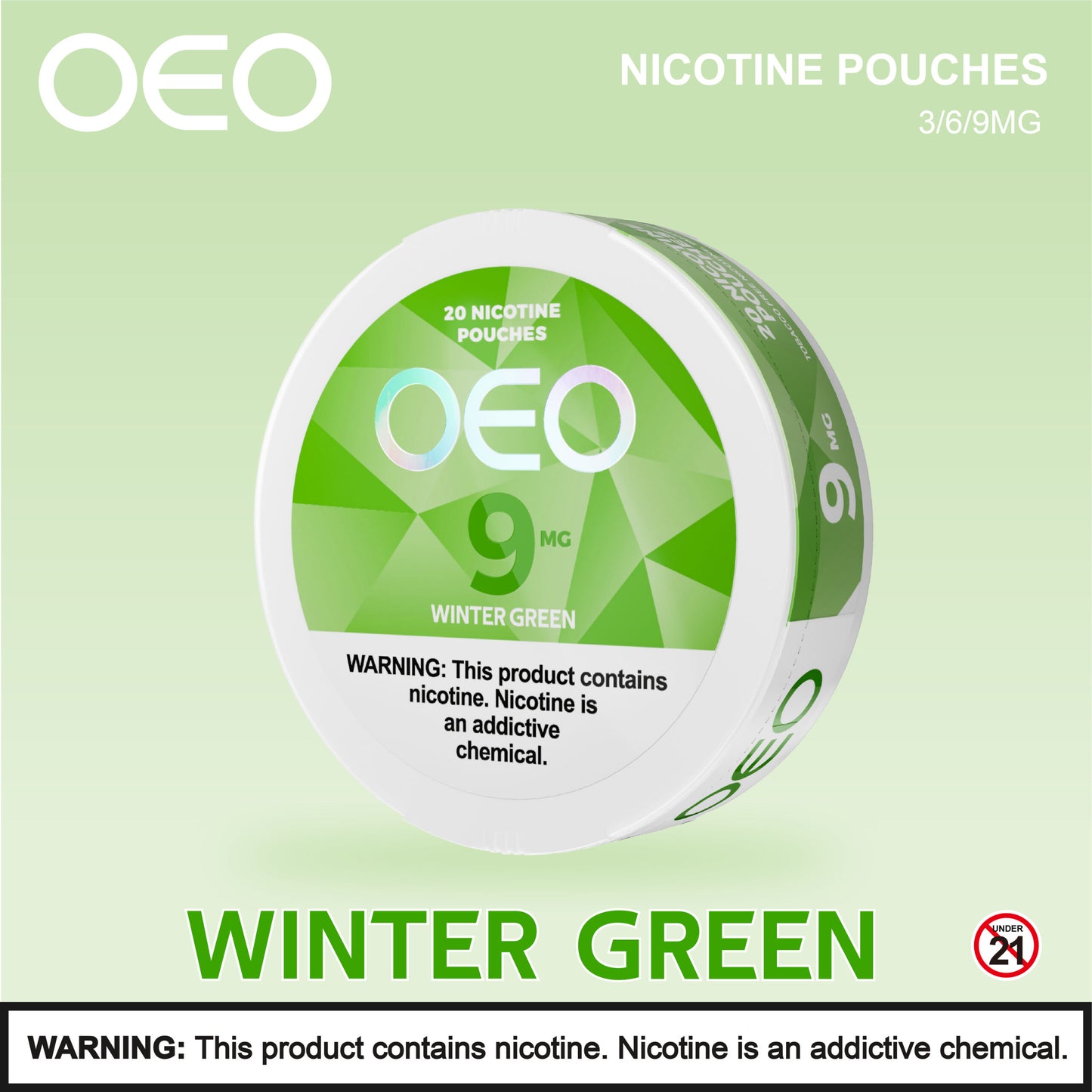 OEO Winter Green nicotine pouches 3mg, 6mg, and 9mg packaging shown on a light green background with product details and warning labels.