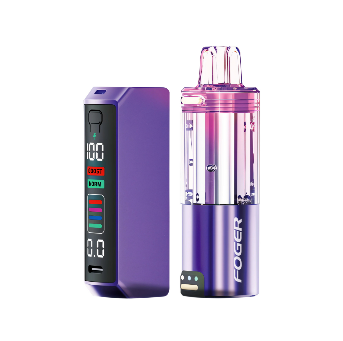 Close-up of the FOGER Switch Pro 30K disposable vape device in purple and pink, showing the digital display with battery and puff mode indicators and the detachable pod design.