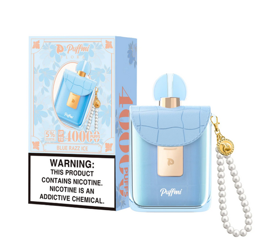 Puffmi Flora 40K disposable vape, Blue Razz Ice flavor, perfume bottle-style design with packaging box on a white background