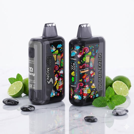 Two vape devices with colorful designs on a white background with limes and mint leaves.
