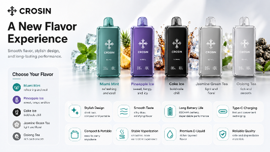 Crosin vape devices with various flavors displayed on a white background