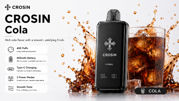 Crosin Cola vape device with cola-themed design and splashing cola.