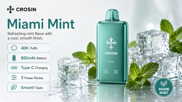 Crosin Miami Mint vape device with mint leaves and ice cubes on a light background
