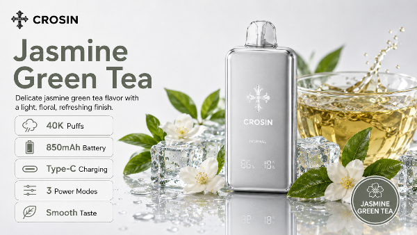 Crosin Jasmine Green Tea vape device with tea leaves and a glass of tea on a light background