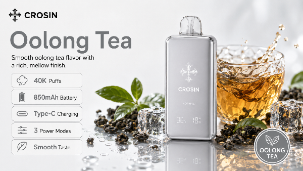 Crosin oolong tea vape device with tea leaves and a glass of tea on a light background