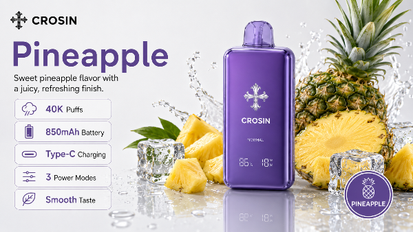 Purple Crosin vape device with pineapple flavor packaging on a white background