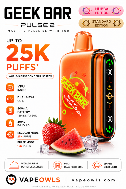 Geek Bar Pulse 2 disposable vape device in orange and black, shown on a white background with promotional text, icons, and fruit graphics including strawberries and watermelon slices. Visible brands include Geek Bar and Vapeowls.