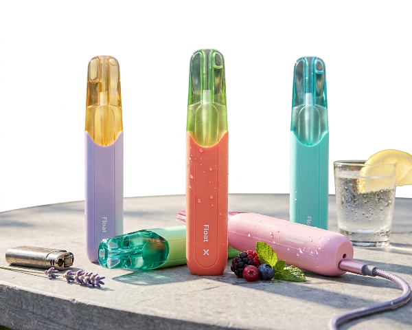 Three FLUM Float X 10K disposable vapes in purple, orange, and teal colors on a table with a lemon drink and berries