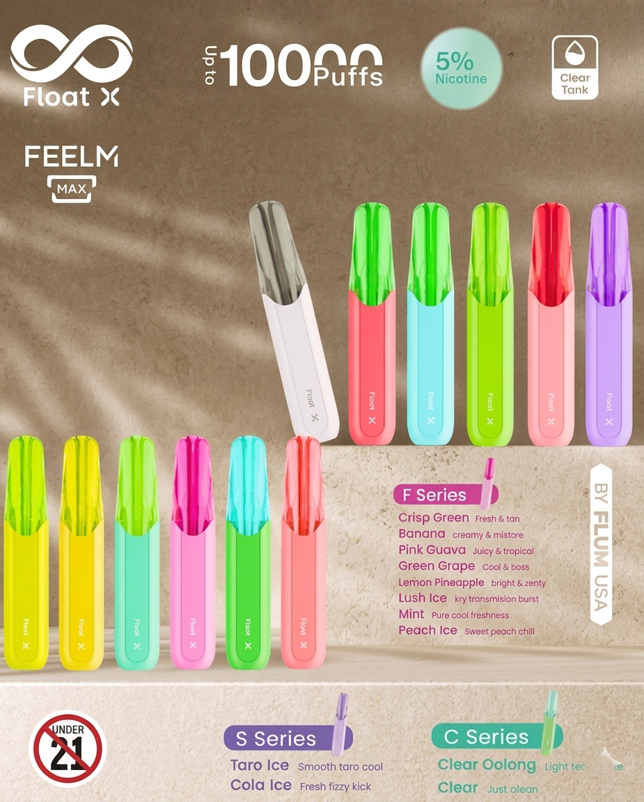 FLUM Float X promotional poster showing 10,000 puffs, 5% nicotine, clear tank feature, and available flavor lineup