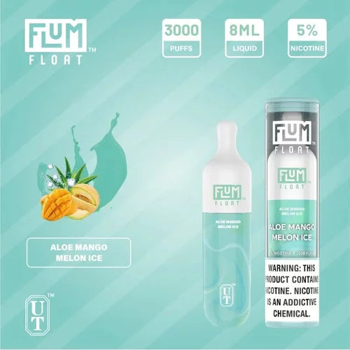 FLUM Float vape device and packaging on a teal background with aloe mango melon ice flavor.