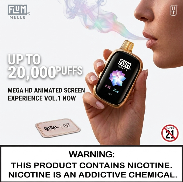 Vaping device with 'FLUM MELLO' branding, showing a hand holding it and text about product features and nicotine warning.