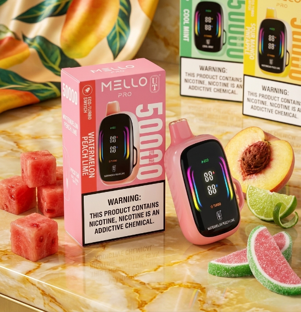 FLUM Mello Pro 50K disposable vape devices in Watermelon Peach Lime, Cool Mint, and Watermelon Peach Lime flavors, shown with fresh watermelon and peach on a marble background.