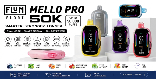 FLUM Mello Pro 50K vape device with various colors and features displayed on a white background.