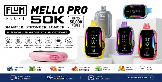 FLUM Mello Pro 50K vape device with various colors and features displayed on a white background.