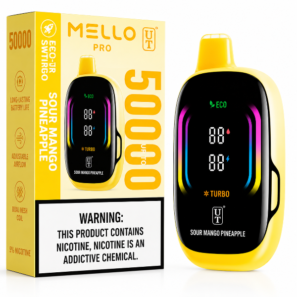 Yellow and black Mello Pro vape device with packaging on a white background