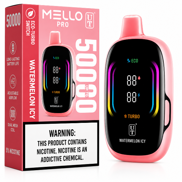 Pink vape device with digital display and packaging on a white background