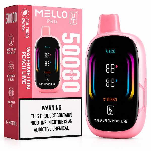 Pink vape device with digital display and packaging labeled 'Mello Pro' on a white background.