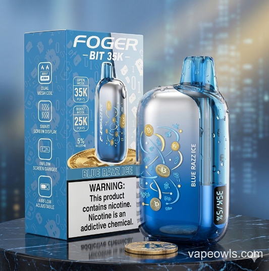 Foger Bit 35K vape device with packaging on a reflective surface