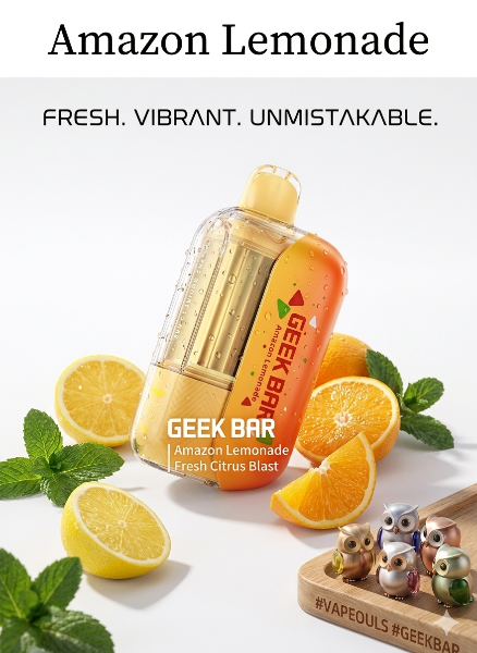 Geek Bar CLR 50K disposable vape, Amazon Lemonade flavor, with fresh lemons, oranges, and mint on a white background