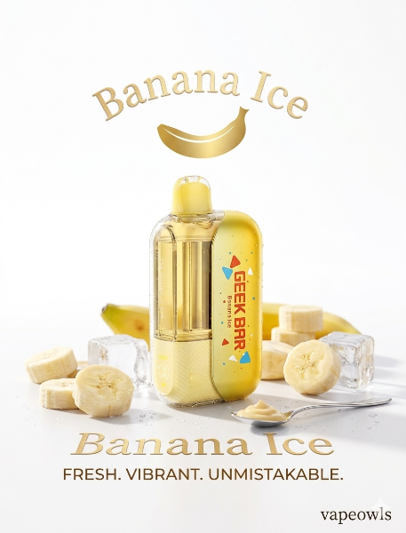 Geek Bar Banana Ice vape device with banana slices on a white background