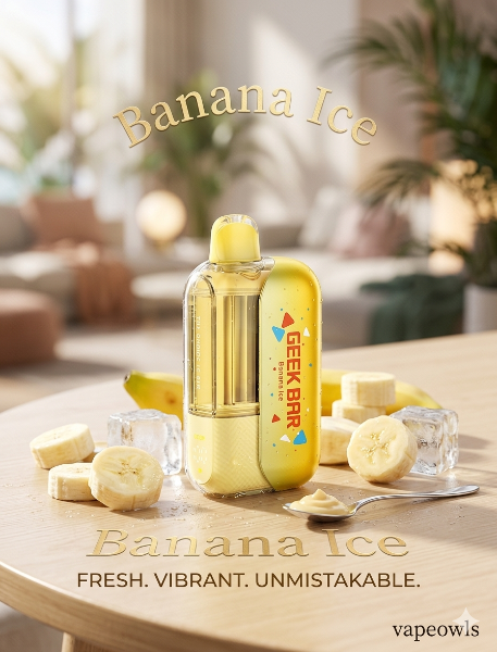 Geek Bar CLR 50K disposable vape, Banana Ice flavor, with sliced bananas and ice cubes on a wooden table