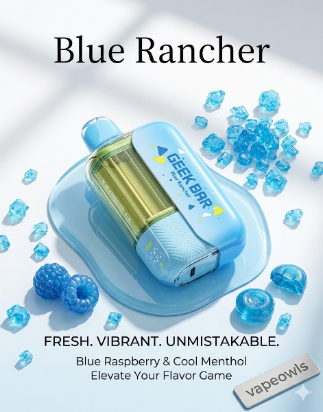 Geek Bar CLR 50K disposable vape, Blue Rancher flavor, blue raspberry and cool menthol theme with ice crystals on a white background