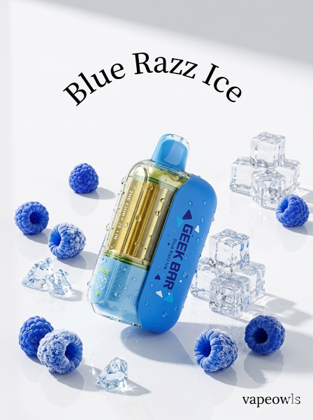 Geek Bar CLR 50K disposable vape, Blue Razz Ice flavor, with blue raspberries and ice cubes on a white background