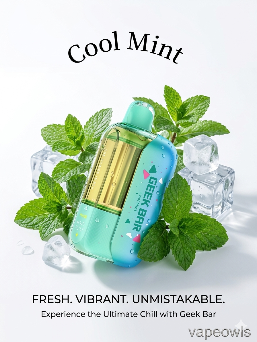 Geek Bar vape device with mint leaves and ice cubes on a white background