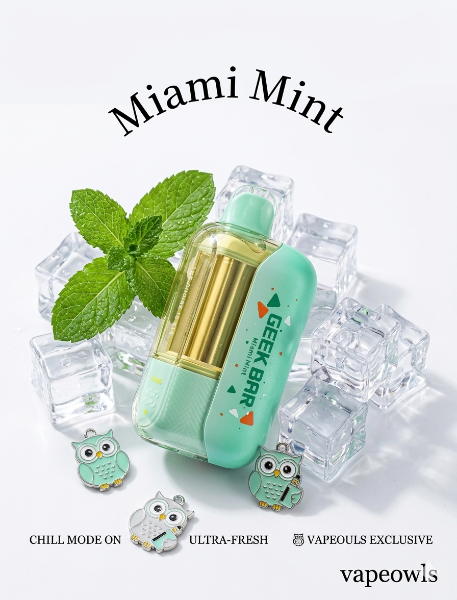 Geek Bar CLR 50K disposable vape, Miami Mint flavor, with mint leaves and ice cubes on a white background