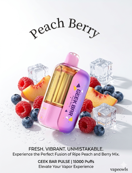 Geek Bar CLR 50K disposable vape, Peach Berry flavor, with peach slices, raspberries, and blueberries on a white background