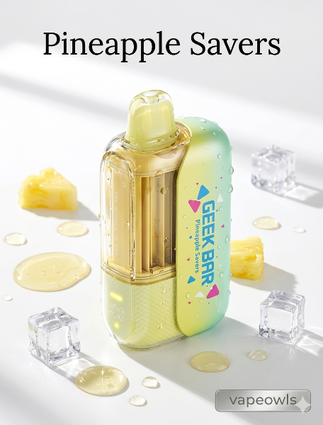 Geek Bar CLR 50K disposable vape, Pineapple Savers flavor, with pineapple chunks and ice cubes on a white background