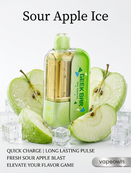 Geek Bar CLR 50K disposable vape, Sour Apple Ice flavor, with sliced green apples and ice cubes on a white background