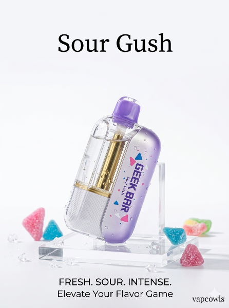 Geek Bar CLR 50K disposable vape, Sour Gush flavor, with colorful sour candy on a white background