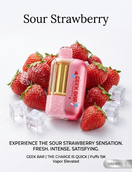 Geek Bar CLR 50K disposable vape, Sour Strawberry flavor, pink vape device with strawberries and ice cubes on a white background