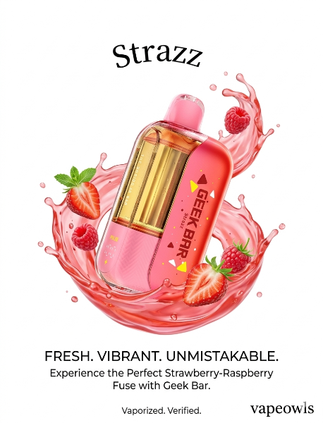 Geek Bar CLR 50K disposable vape, Strazz (strawberry-raspberry) flavor, with fresh strawberries and raspberries on a white background