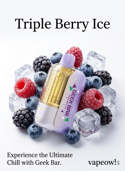 Geek Bar CLR 50K disposable vape, Triple Berry Ice flavor, with blueberries, blackberries, raspberries, and ice cubes on a white background