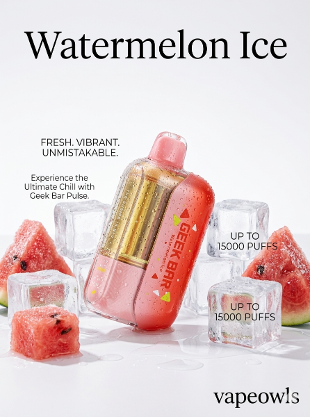 Vape device with watermelon ice flavor packaging, surrounded by watermelon pieces and ice cubes.