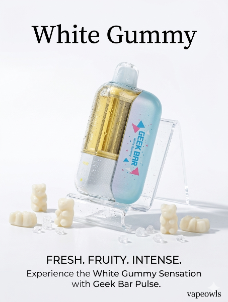 Geek Bar CLR 50K disposable vape, White Gummy flavor, with white gummy bear candies on a white background