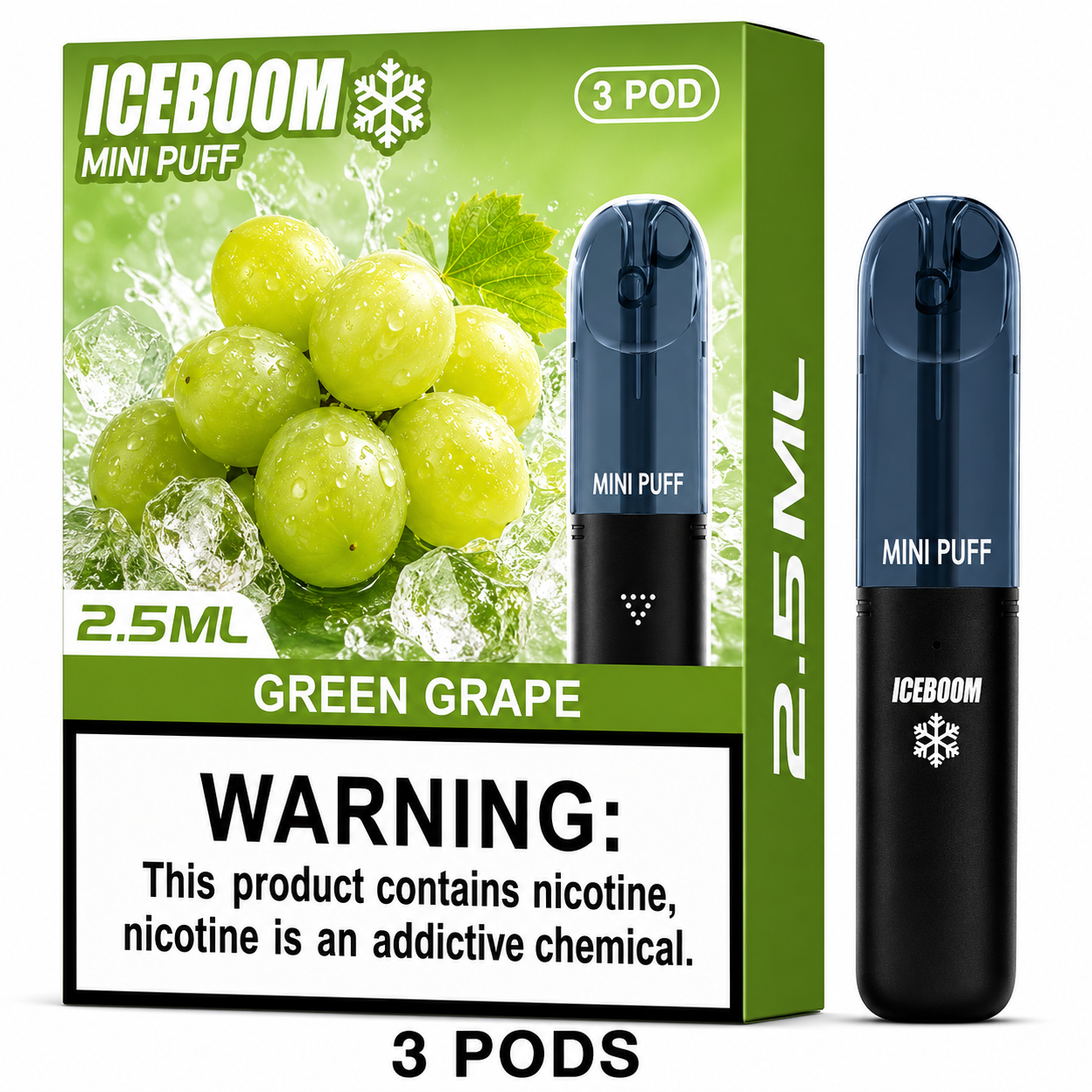 Iceboom Mini Puff Green Grape disposable vape pods shown next to their retail packaging. The packaging is green with a graphic of fresh green grapes and ice, featuring a prominent nicotine warning label at the bottom.