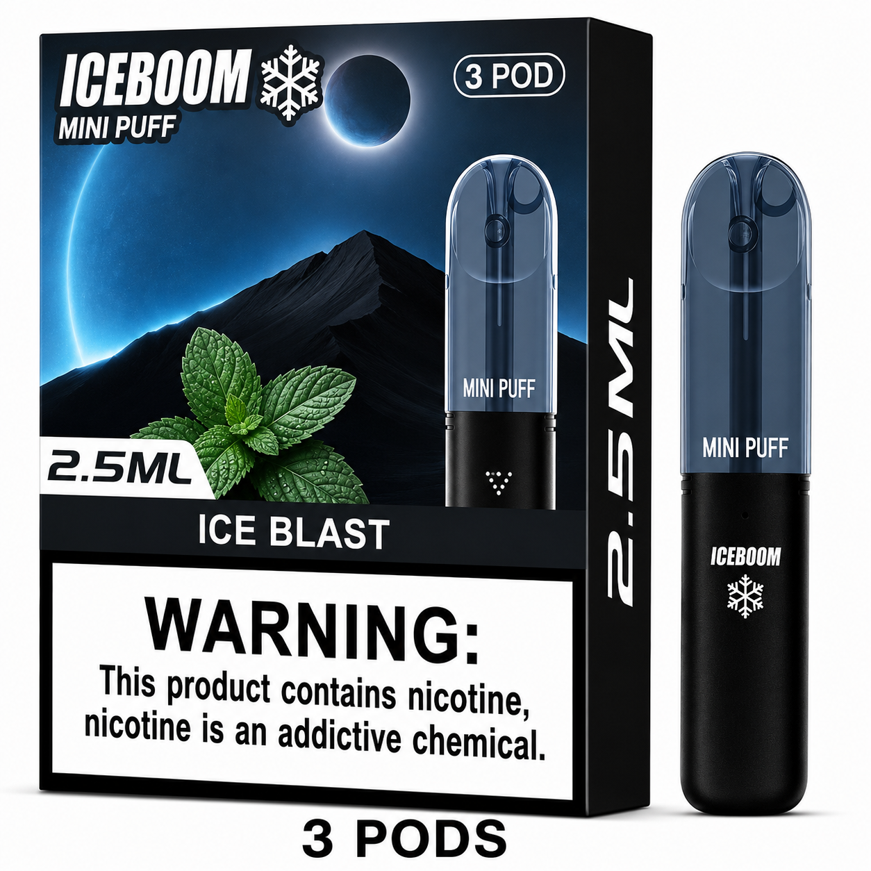 Iceboom Mini Puff disposable vape pods packaging and product shown on a white background. The box features a dark mountain and moon graphic with mint leaves and a large nicotine warning label.