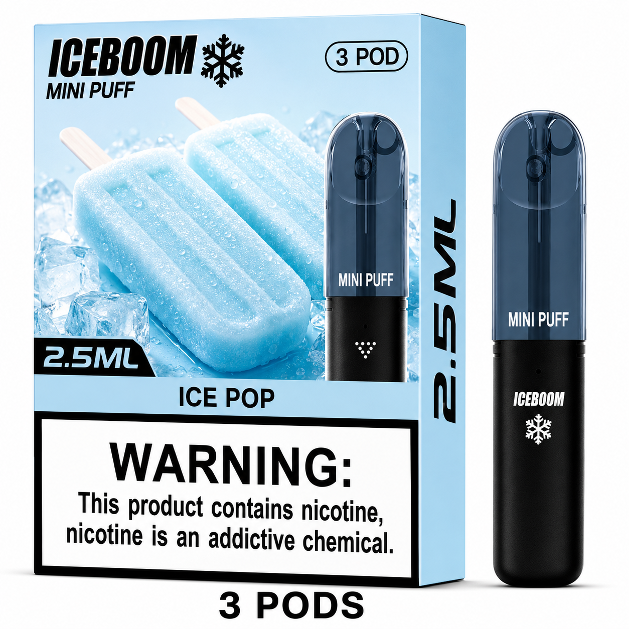 Iceboom Mini Puff Ice Pop disposable vape pods shown next to their retail packaging. The packaging is light blue with images of ice pops and a prominent nicotine warning label at the bottom.