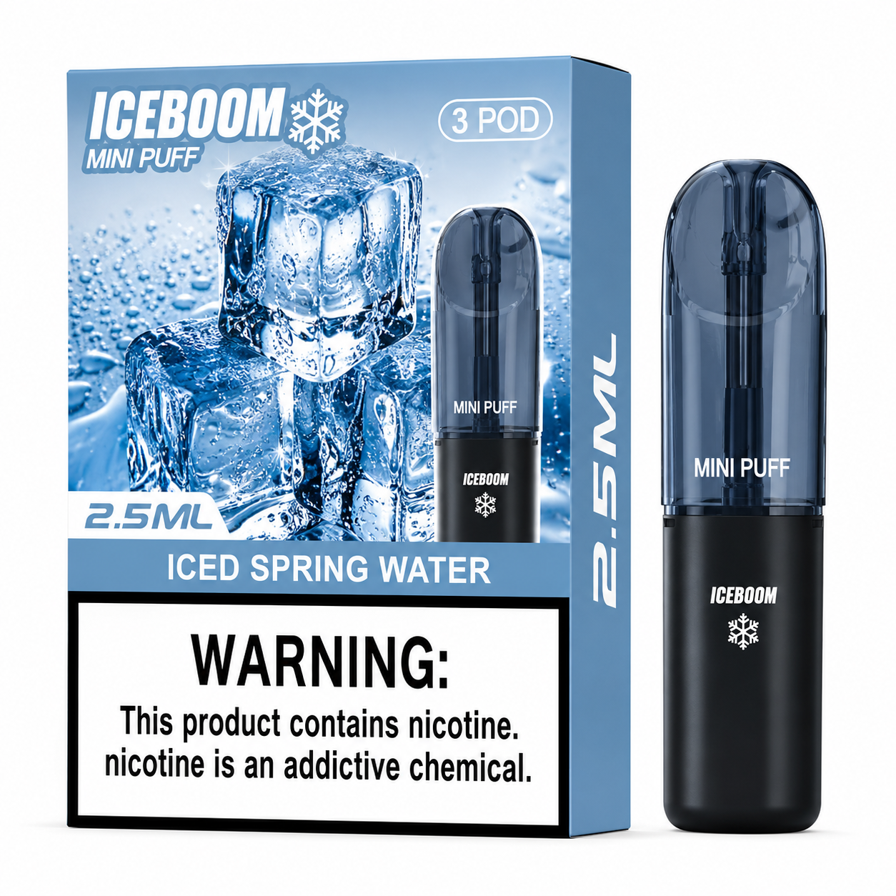Iceboom Mini Puff disposable vape pod packaging and one filled pod on a white background. The box is blue with ice imagery and a nicotine warning label, and the pod is dark translucent blue and black with white branding.