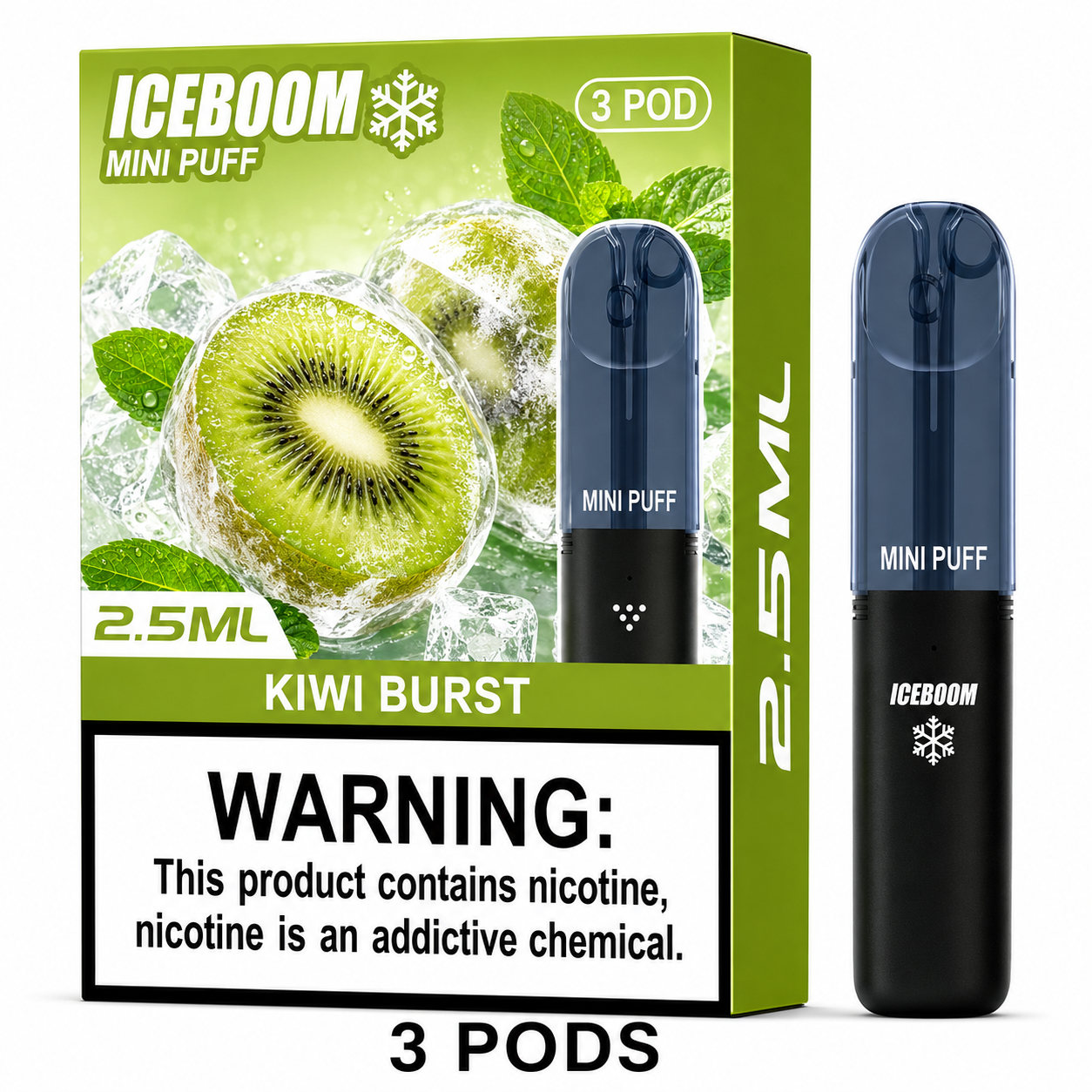 Iceboom Mini Puff 2.5ml pod device packaging and two black vape pods with dark blue tops, labeled Kiwi Burst, on a white background with a nicotine warning label.