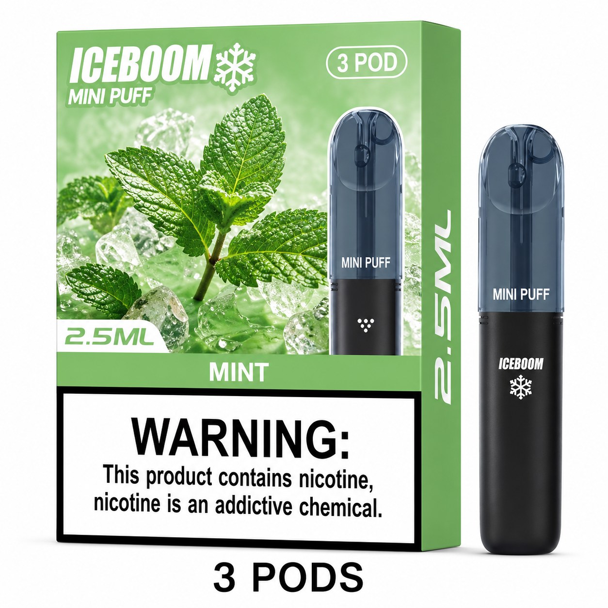ICEBOMB Pod Vape Kit – Rechargeable Device + ICEBOOM Mini Puff Pods, 27 Flavors, 5% Nic, Type-C