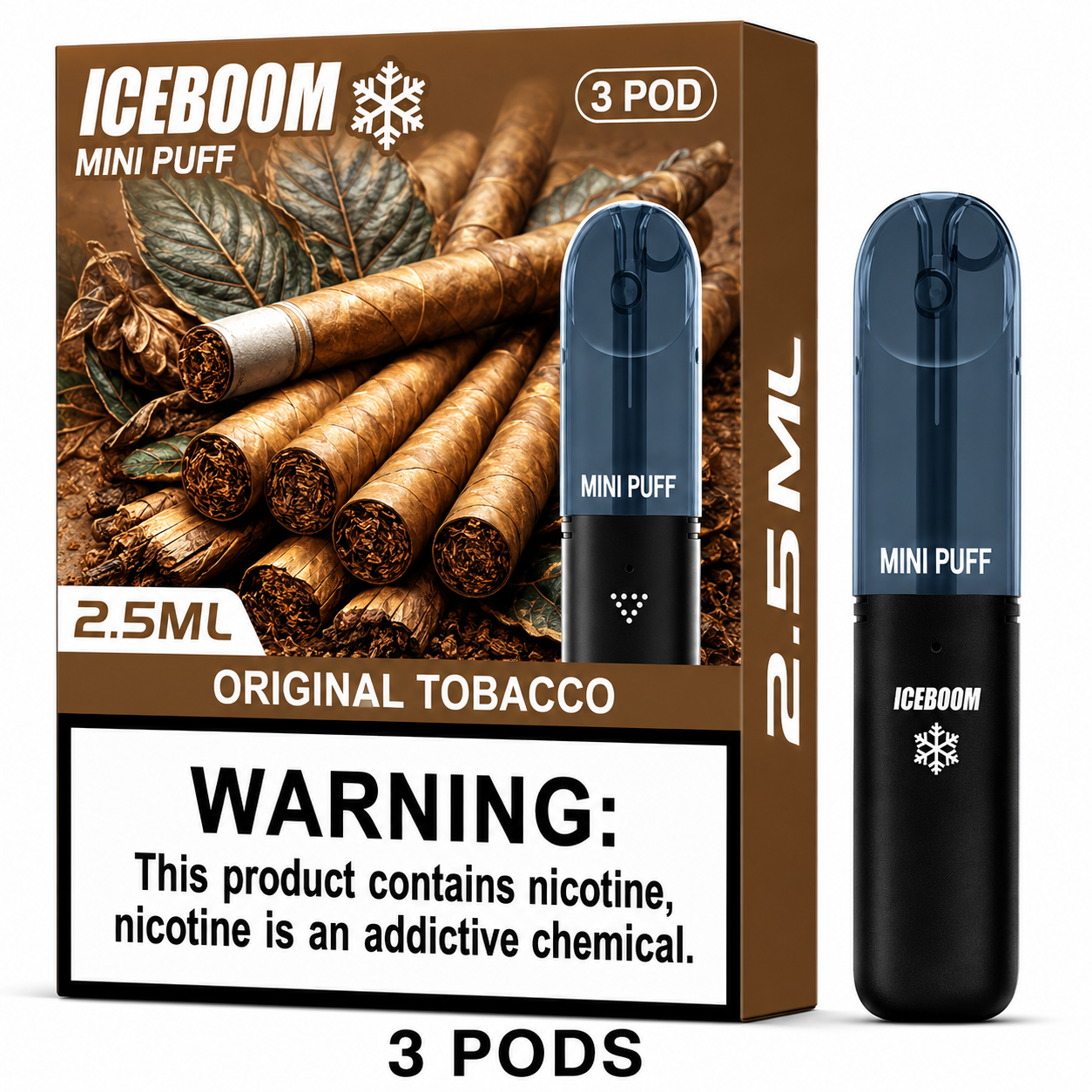 Iceboom Mini Puff Original Tobacco disposable vape pods shown next to their retail packaging box. The packaging features a brown and white design with an image of cigars and a prominent nicotine warning label at the bottom.