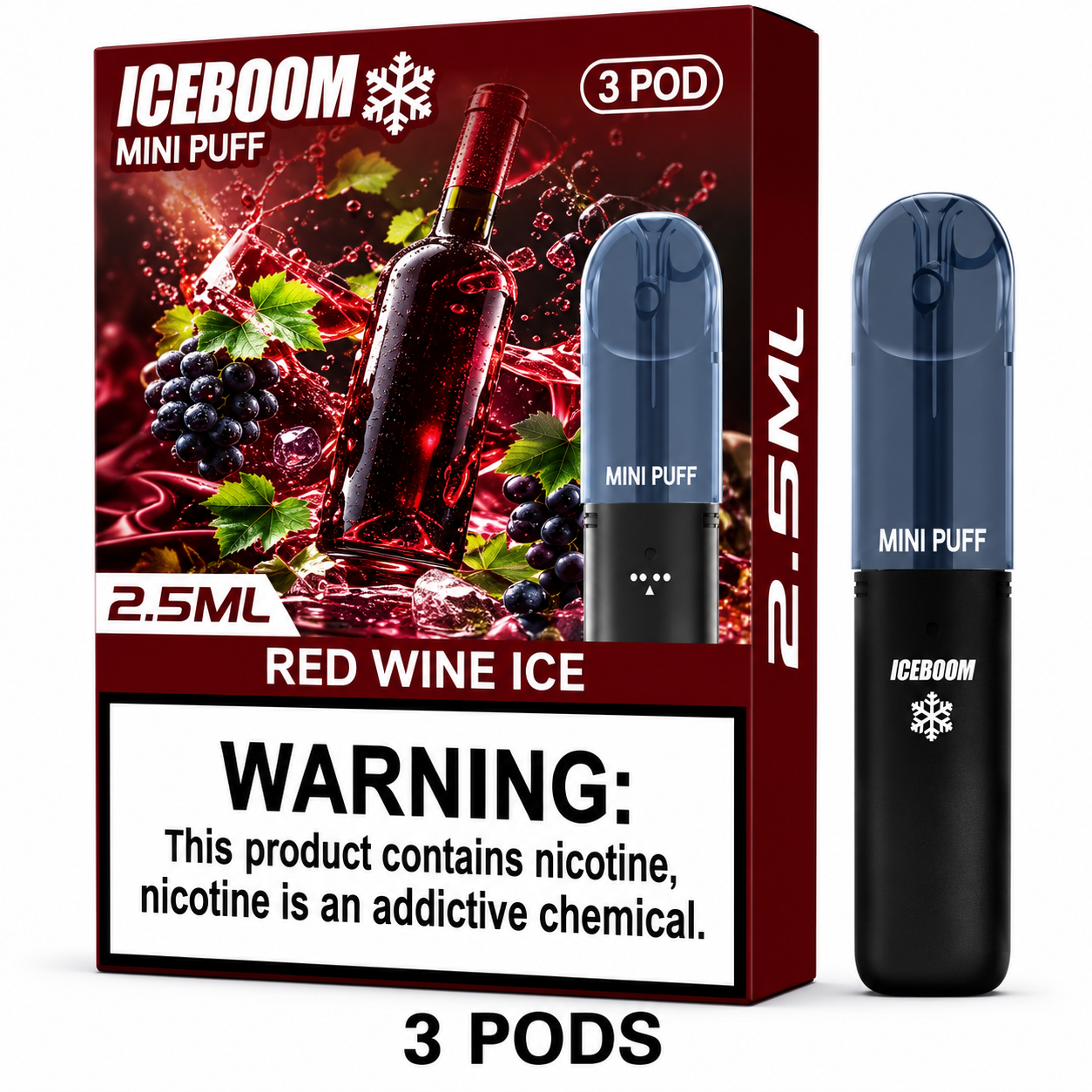 Iceboom Mini Puff Red Wine Ice disposable vape pods shown next to their retail packaging. The packaging features a dark red and white design with an illustration of a red wine bottle, grapes, and ice crystals, and includes a prominent nicotine warning label.
