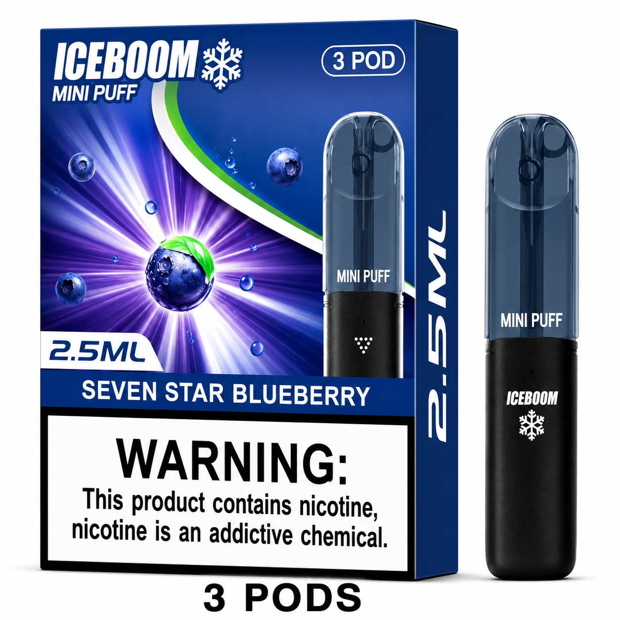 Iceboom Mini Puff Seven Star Blueberry disposable vape pods shown with their retail box. The packaging is blue and purple with a prominent nicotine warning label, and two individual pods are displayed next to the box.