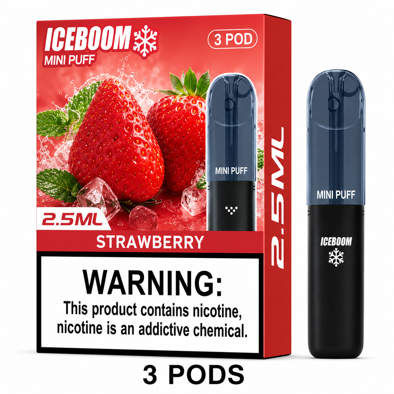 Iceboom Mini Puff Strawberry disposable vape pods shown with their retail box. The packaging is red with images of strawberries, ice, and a prominent nicotine warning label at the bottom.