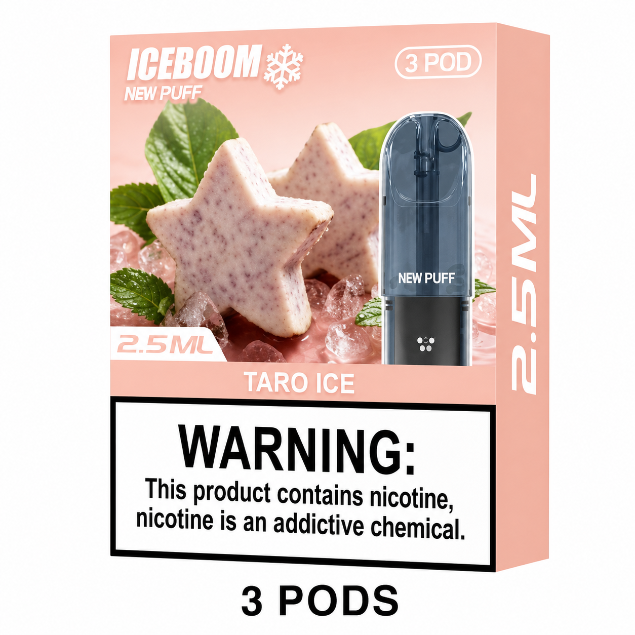 Iceboom New Puff Taro Ice disposable vape packaging box, featuring a pink and peach design with an illustration of taro ice puffs, mint leaves, and a dark gray pod device. A prominent white warning label for nicotine is displayed at the bottom of the box, with '3 PODS' text below.